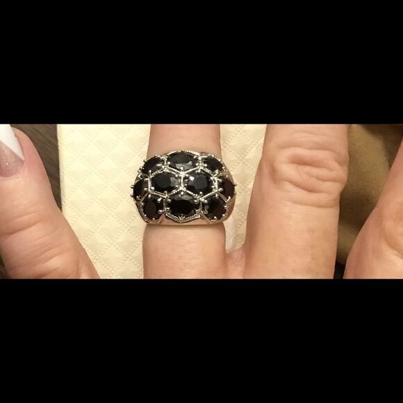 10 Ct 18KWGP Oval Midnight Sapphire Wide Band Ring - Picture 2 of 3